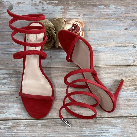 AVEC LES FILLES Joia Red Kid Suede Ankle Wrap Sandal 6M - Picture 3 of 14